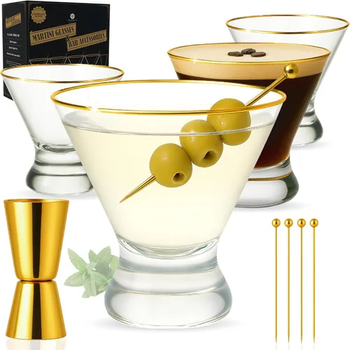 Vista 9 de VEMACITY - Juego de vasos de Martini de café expreso acanalado de 4 a 8 onzas con borde dorado con cuchara de bar y jigger - Para margaritas, cosmos