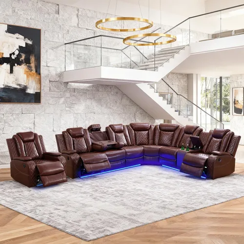 Vista 31 de Juego de sofá modular reclinable eléctrico para sala de estar, juego de sofá reclinable de cuero con luces LED / almacenamiento oculto, sofá en Beige