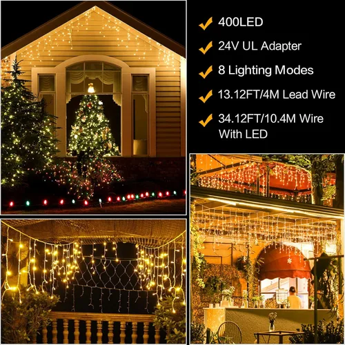 Vista 4 de Techip Luces de Navidad de Halloween para exteriores, 33 pies, 400 luces LED de carámbano para exteriores, tira de luces de cortina enchufable