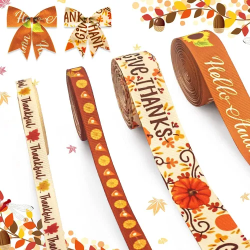 4 rollos de cintas de otoño de 3/8 pulgadas, hojas de arce y calabaza, cintas de grogrén, cintas naranjas, palabras agradecidas de otoño, cinta de