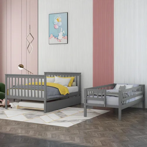 Vista 109 de Harper & Bright Designs Litera de tamaño matrimonial sobre matrimonial con 3 cajones, litera de madera maciza con almacenamiento y riel de Gris