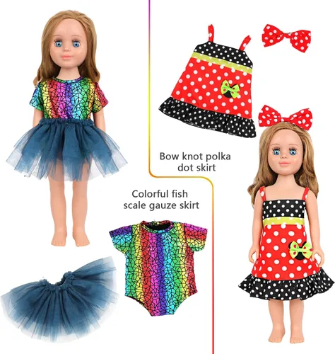 Vista 4 de MSYO Ropa de muñeca de 18 pulgadas, 7 juegos, 6 trajes de muñeca de vestir + 1 juego de pijama con zapatos y accesorios para el cabello de muñeca