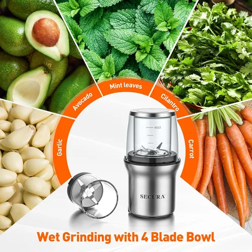 Vista 5 de Secura Molinillo de café eléctrico, molinillo de especias, cuencos de vidrio dobles para molienda húmeda y seca