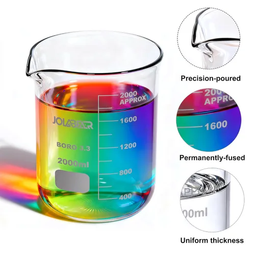 Vista 5 de 2000ml Vasos de precipitados de vidrio duraderos, vaso de laboratorio de 2L con graduaciones impresas, borosilicato 3.3, diseño de forma baja