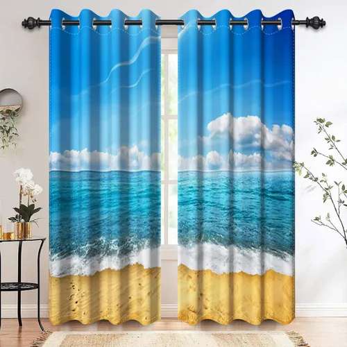 Vista 19 de Renaiss Cortinas opacas junto al mar, palmera de coco, tropical, para ventana de playa, dormitorio, cortinas de ventana con ondas oceánicas azules