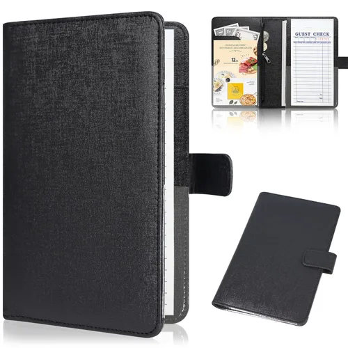 Libreta para camarera de cuero para camarera, organizador de libro con bolsillo con cremallera, lindo libro de camarero con cierre magnético, negro