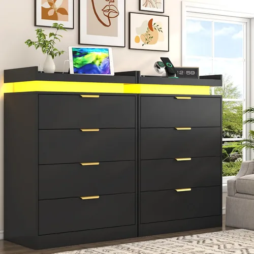 Vista 7 de UNIQUITE Cómoda negra con luces LED y toma de corriente, cómoda alta de madera con 4 cajones para dormitorio, cómoda moderna para dormitorio