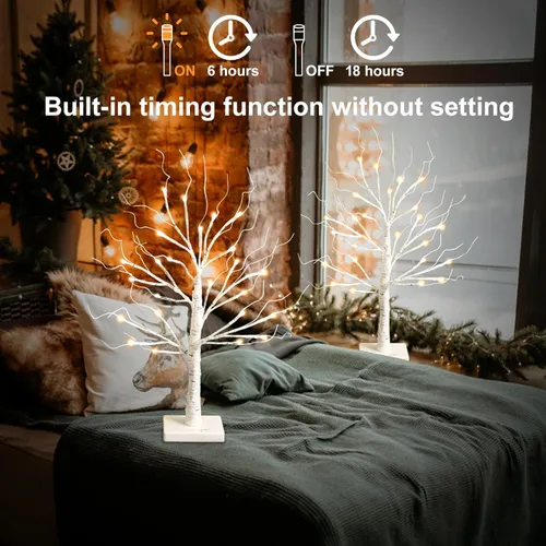 Vista 6 de Árbol de abedul blanco con luces LED, árbol de abedul iluminado para mesa, funciona con 24 luces LED USB o pilas, árbol blanco cálido, mini