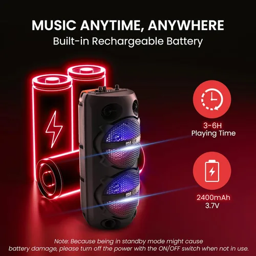Vista 5 de Pyle Altavoz PA portátil Bluetooth de EE. UU., sistema de audio de karaoke BT recargable de 200 W, doble 6 pulgadas, para interiores y exteriores
