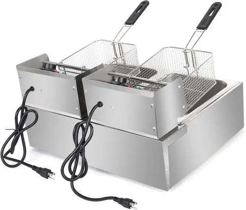 Vista 3 de Freidora comercial con canasta, 3400 W, freidora eléctrica de acero inoxidable para encimera, 12.7 cuartos de galón 12 L, gran capacidad para uso
