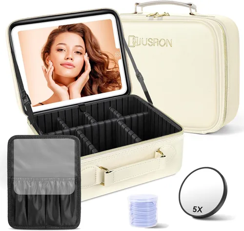 Vista 19 de JUSRON Bolsa Organizadora Portátil para Maquillaje con Divisores Ajustables, Soporte para Brochas de Maquillaje, Negro, L