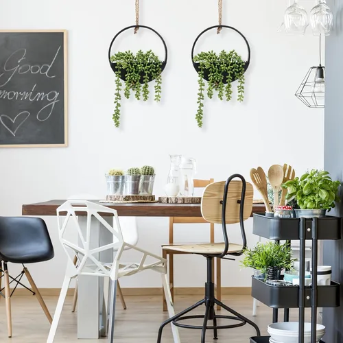 Vista 6 de CEWOR 2 plantas suculentas artificiales colgantes, cadena de perlas falsas en maceta con cordón, decoración de pared bohemia para baño, sala de Negro