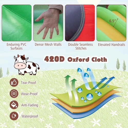 Vista 7 de BOUNTECH Casa inflable de rebote con temática de granja con toboganes dobles para diversión de carreras, castillo de salto para niños pequeños