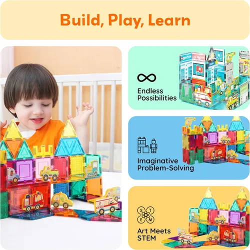 Vista 4 de PicassoTiles Juego de bloques de construcción de vehículos de la ciudad de 8 piezas con imanes y figuras de acción magnetizadas Compatible con kits