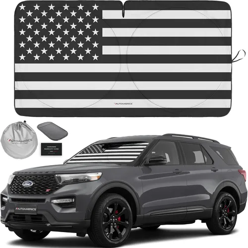 Vista 47 de Autoamerics Parasol para parabrisas de 1 pieza, diseño de camuflaje marrón con bandera estadounidense de Estados Unidos, parasol plegable