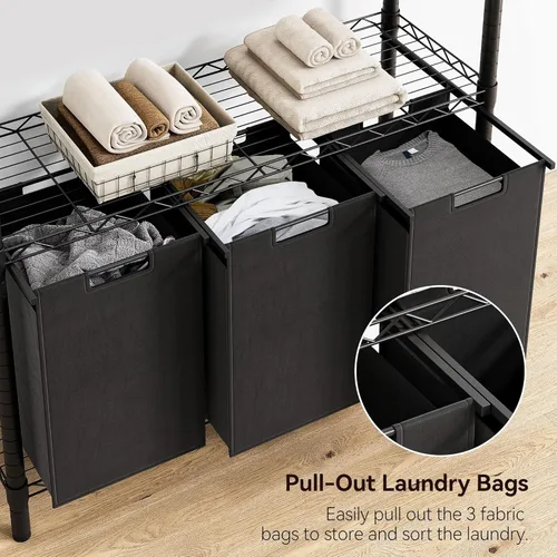 Vista 4 de IDEALHOUSE Clasificador de 3 cestas de lavandería 2024 – Cesta plegable con 3 bolsas de lavandería de 45 L y estante de almacenamiento ajustable