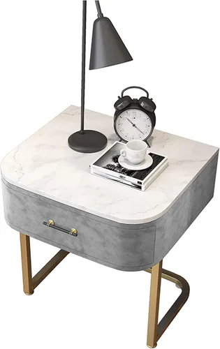Mesas auxiliares de cama, mesita de noche de madera con un solo cajón, mesa auxiliar alta con patas de metal, encimera de mármol, gabinete de