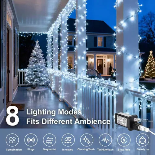 Vista 3 de Cadena de 200 luces LED de 98 pies, impermeables con 8 modos con memoria, fuente de alimentación certificada por UL de 30 V para el hogar, jardín