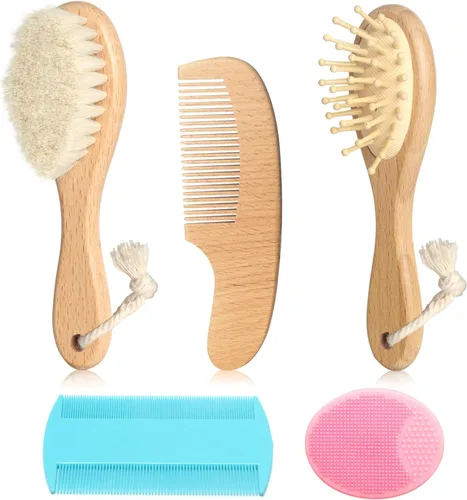 Vista 9 de Juego de cepillos de pelo de cabra para bebé, peine de madera para masaje, peine de cuero cabelludo, kit de cuidado natural seguro para el cabello