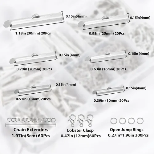 Vista 2 de Kit de cierre deslizante de plata EuTengHao para enhebrado, extremos de cordón de tubo con cierre de langosta, extensor de cadena, accesorios