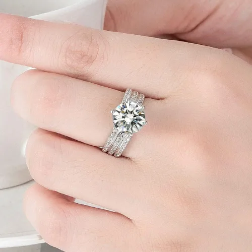 Vista 6 de hsiyyecg Anillos de compromiso chapados en plata de ley 925 con circonita cúbica de corte redondo, anillo de corona, anillo solitario de promesa