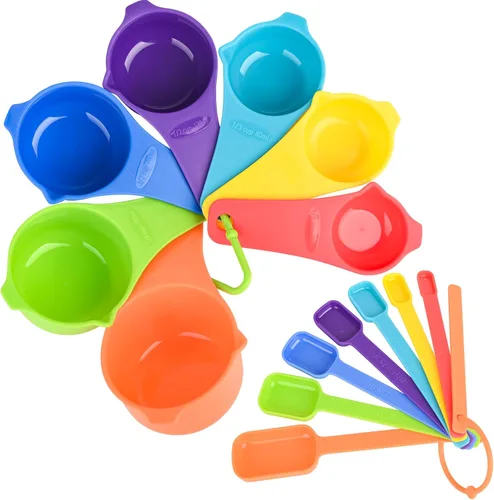 Vista 2 de Juego de 15 tazas y cucharas medidoras, 7 tazas medidoras de plástico, 7 cucharas medidoras de mango largo para especias con 1 nivelador para cocina