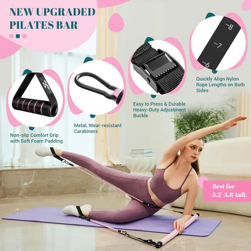 Vista 2 de Kit de barra de pilates con bandas de resistencia, barra multifuncional de yoga y pilates con hebilla de ajuste de metal resistente, kit de barra