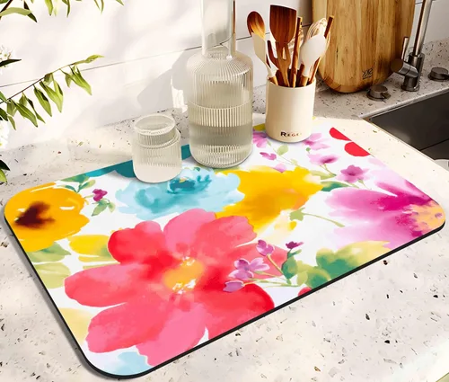 Vista 24 de Tapete de secado de platos de goma para encimera de cocina grande con diseño de limón, lavable, almohadilla de secado rápido para el hogar y café