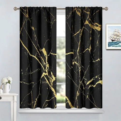 Vista 8 de Cortinas abstractas con estampado de mármol negro y dorado, patrón retro para sala de estar, cocina, dormitorio, paneles opacos de 42 x 45 pulgadas