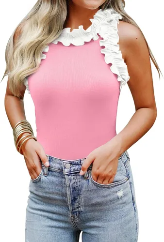 Vista 13 de WAYMAKER - Camiseta sin mangas para mujer, body de estilo sexy con espalda cruzada, cuello de tortuga simulado y ribeteado Beige