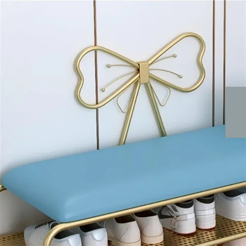 Vista 5 de Shoe Storage 2 Tier Shoe Bench with Gold Metal Frame, Shoe Storage Bench with Padded Seat and Bow Backrest, Fashion Shoe Rack Bench for Entryway Blue