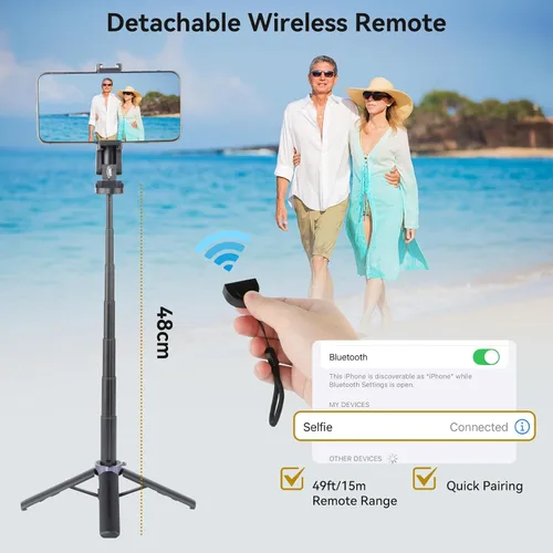 Vista 5 de UTEBIT 18" Selfie Stick with Wireless Remote, Extendable Selfie Telescopic Stick with Bluetooth Remote, Portable Phone tripods for Live Streaming