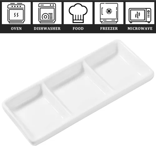 Vista 4 de Yardwe Bandeja de cerámica blanca de 6 pulgadas, 3 compartimentos, bandeja rectangular para condimentos, platos de salsa divididos para restaurante