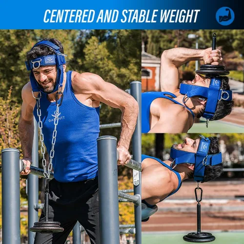 Vista 8 de Ejercitador de cuello y entrenador de cuello. Arnés de cuello ajustable para levantamiento de pesas, entrenamiento de cuello de 4 direcciones