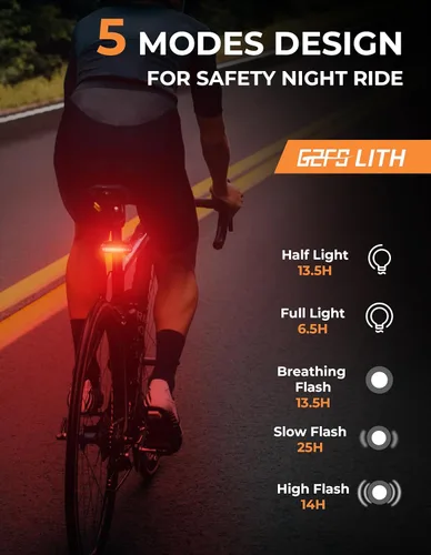 Vista 5 de luz trasera recargable para bicicleta de 150 lúmenes, luz trasera impermeable IPX6 para bicicleta, linterna de seguridad visible de 220°, 5 modos