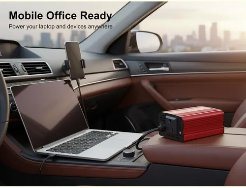 Vista 2 de Inversor de corriente de coche rojo de 150W, convertidor de 12V DC a 110V AC, adaptador de enchufe de vehículo con cargador de coche USB dual