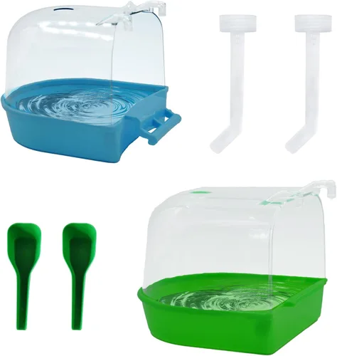 PINVNBY 2 bañeras para pájaros para jaulas, tina de loro para jaula, bañera colgante para pájaros con 2 inyectores de agua y 2 cucharas de