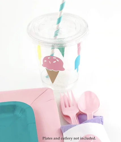 Vista 5 de Copas de fiesta de cumpleaños de helado de 12 onzas con tapas desechables de plástico (12 unidades)