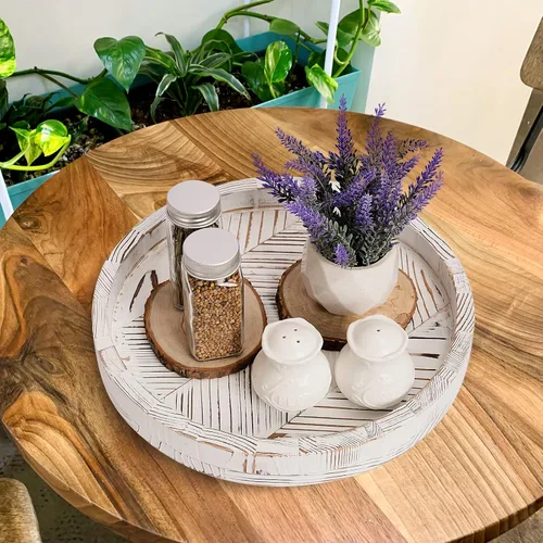 Vista 4 de Tocadiscos de madera rústica de 12 pulgadas para mesa, bandeja giratoria decorativa de espiga blanca Tomoaza para mesa, centro de mesa de comedor