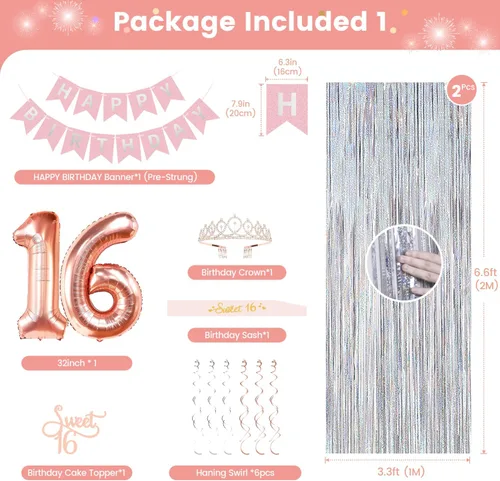 Vista 2 de Decoraciones de cumpleaños de 16 años para niñas Kit de decoración de fiesta de cumpleaños 16 para ella Cartel de feliz cumpleaños número 16