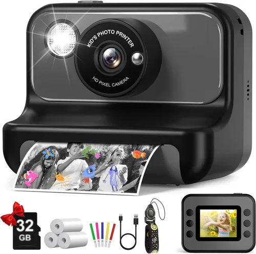 Impresión instantánea de cámara para niños, regalos de cumpleaños de Navidad para niñas y niños, cámara digital de video HD 1080P, juguete para Negro