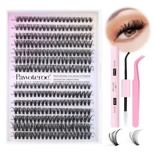 Vista 12 de Kit de racimos de pestañas Pawotence, kit de extensión de pestañas ojo de gato, kit de extensiones de pestañas en racimo 9-16mm, 40D, pestañas