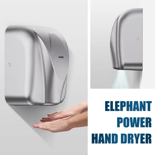Vista 4 de Secador de manos comercial AIKE Elephant Power de alta velocidad con viento cálido automático, cubierta de acero inoxidable cepillado AC110V-130V