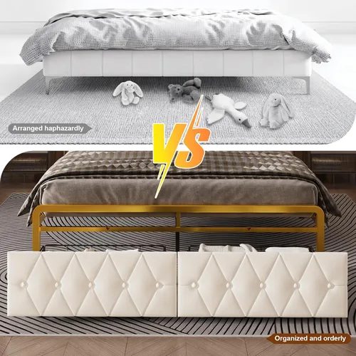 Vista 9 de E-Motie Bastidor de cama tamaño matrimonial en color blanco con 2 cajones de almacenamiento, luces LED y estación de carga. Plataforma tapizada