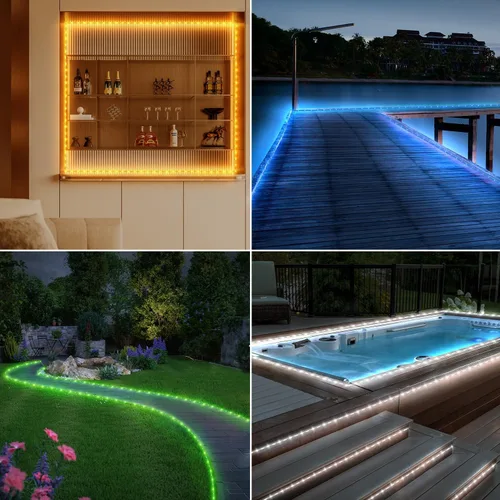 Vista 8 de OMIKA Cuerda de luces para exteriores, 33 pies, 100 LED, 16 colores cambiantes, funciona con USB, tubo de luces de cama elástica con control remoto