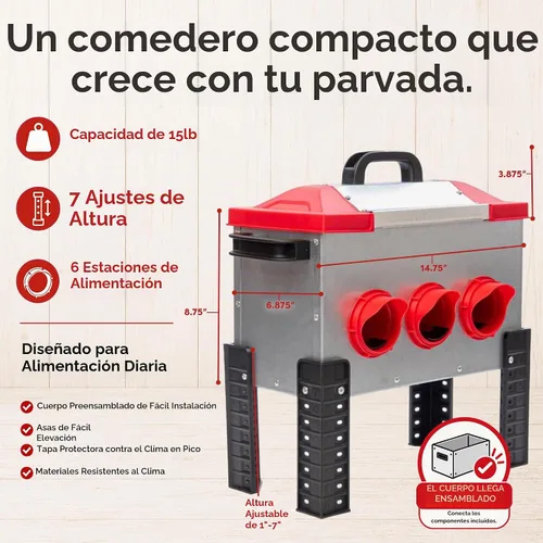 Vista 2 de RentACoop - Comedero metálico para aves de corral de 15 libras con 6 puertos y patas ajustables