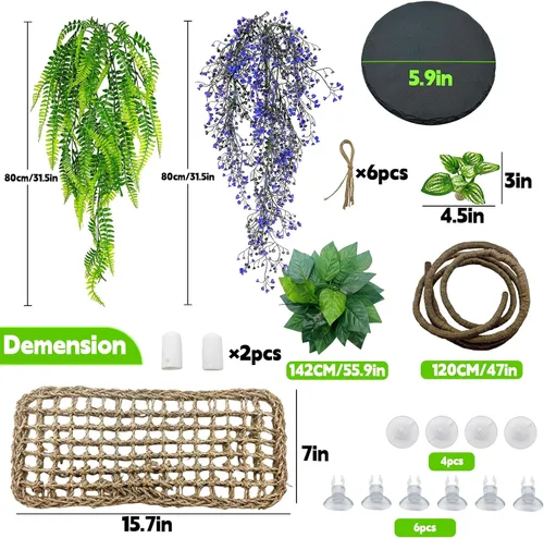 Vista 2 de Hamaca de dragón barbudo, plataforma para tomar el sol, reptil, plantas artificiales, hojas y vides, decoración de hábitat de lagarto, accesorios