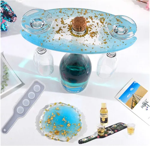Juego de moldes de bandeja de vidrio de resina – 4 piezas, incluye bandeja, estante, posavasos; silicona, azul, redondo, construcción de silicona