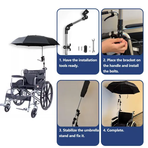 Vista 6 de Paraguas para silla de ruedas con soporte – Parasol ajustable y cubierta de lluvia ligera para sillas de ruedas manuales y eléctricas
