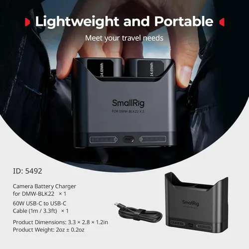 Vista 8 de SMALLRIG DMW-BLK22 Cargador de batería para Panasonic, cargador de cámara de doble ranura de 2 horas con puerto de carga USB-C de 22.5 W, totalmente